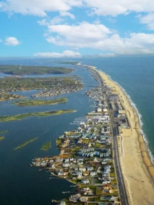 Aerial view of Sea Bright NJ including the Shrewsbury River and the Atlantic Ocean