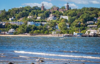 Twin Lights Lighthouse on the hill above the Shrewsbury River