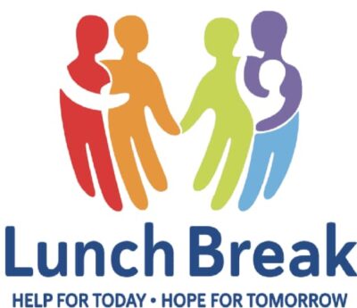 lunch break logo of four shadow figures in red, orange, green, and blue holding hands.