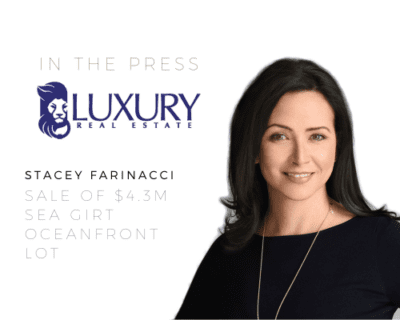 dark haired woman and luxury real estate logo